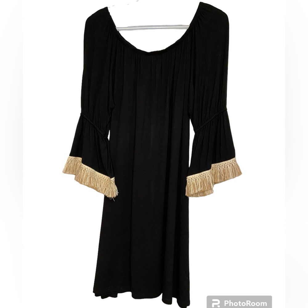 Rachel Kate Black Knit Dress Off Shoulder Fringe Sleeves Size L Beach Summer